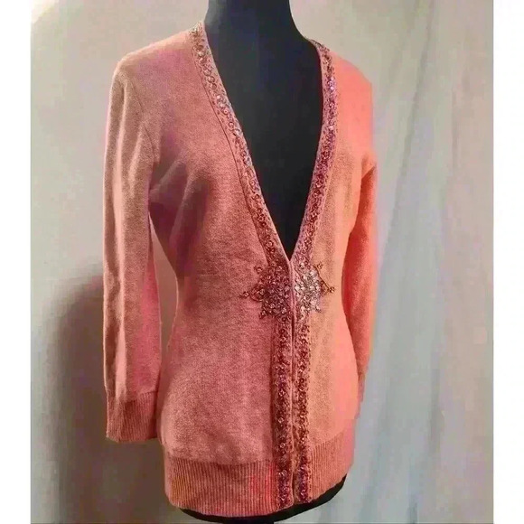 NWOT Stunning‎ Bejeweled Tracy Reese Salmon Angora Cashmere Wool Blend Cardigan - Picture 1 of 8